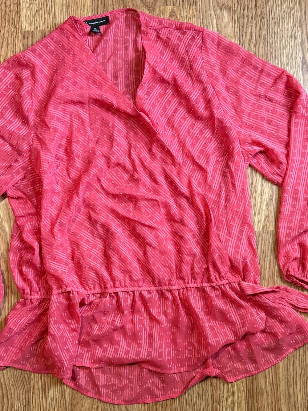 INC International Concepts Coral Pink Printed Wrap-Style Peplum Blouse